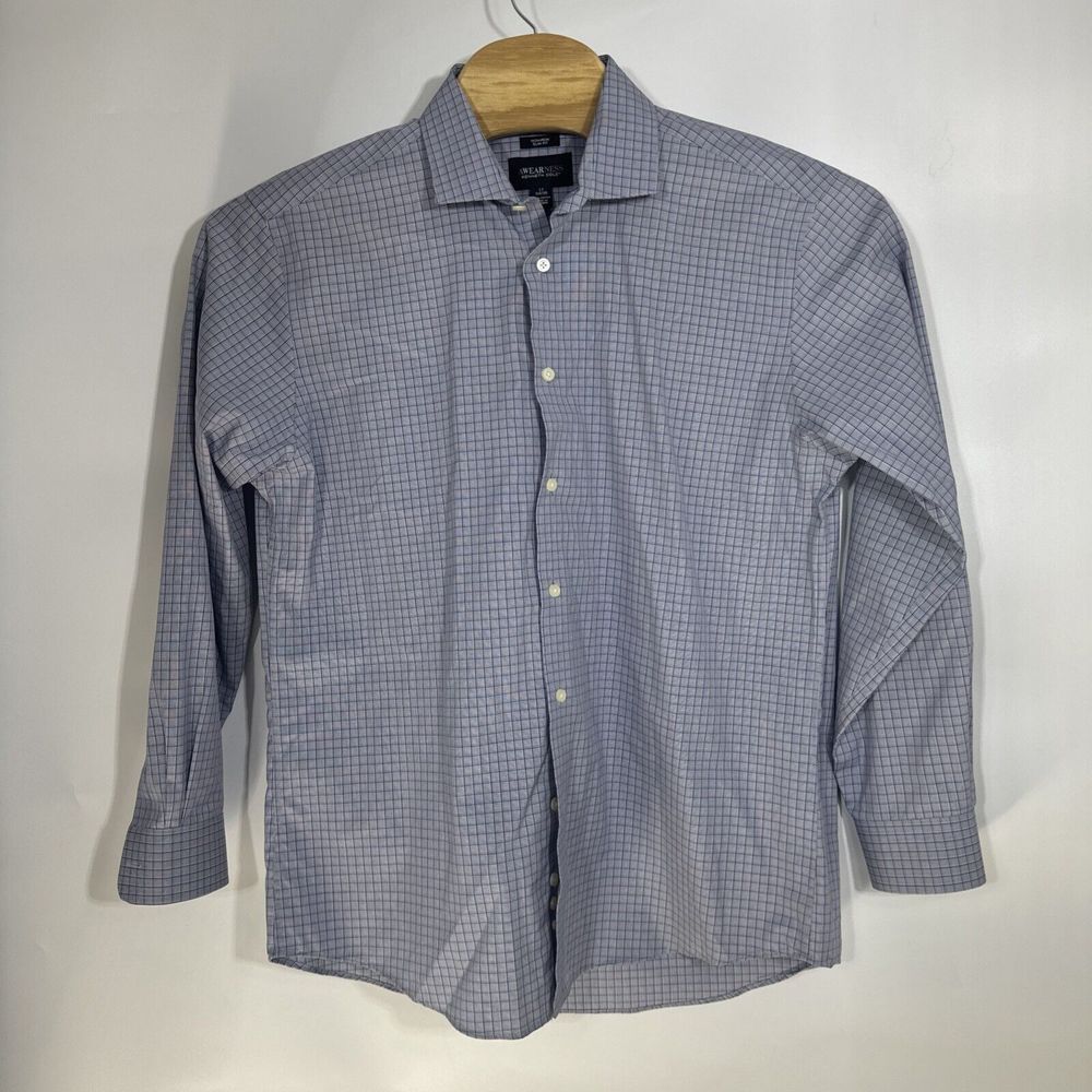 Awearness Kenneth Cole Mens 17 34/35 Slim Fit Non-Iron Blue Grid‎ Dress Shirt